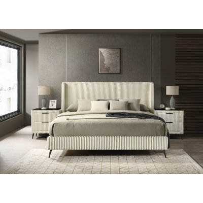 Northington Mavela Wide Wale Upholstery Panel Bed with 2 Nightstands