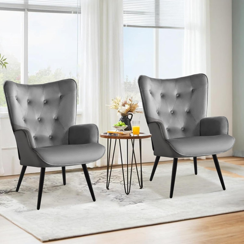 Fauteuil à oreilles rembourré en velours avec pieds en métal Modern, Velours gris velours