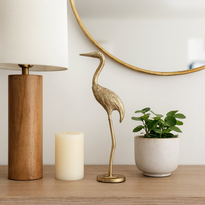 Modern Crane Figurine Sculpture for Home Decor - Decorative Metal Object Statue Accent for Desks, Living Room Decoration - 16", Gold & Metallic