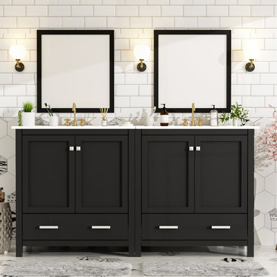 60" Black Bathroom Vanity Set With Double Vanities (Separate), Double Ceramic Sinks, Storage Shelf, And Divided Drawers  (Mirror Not Included)– Modern Bathroom Solution For Spacious Bathrooms