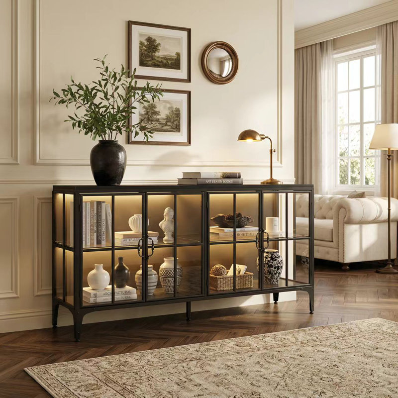 63" Wide Black Glass Display Case With Adjustable Legs & 3-Color LED Lighting