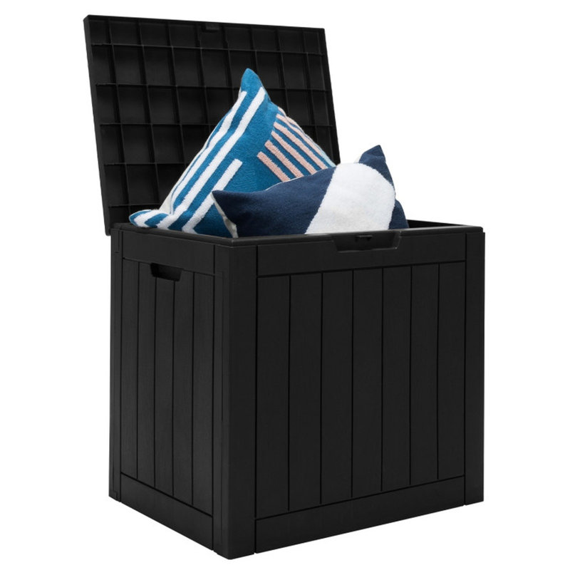 30-Gallon Outdoor Deck Box with Lockable Lid, 154 lb Seat Capacity, Recessed Handles and Wood-Grain Polypropylene, Black