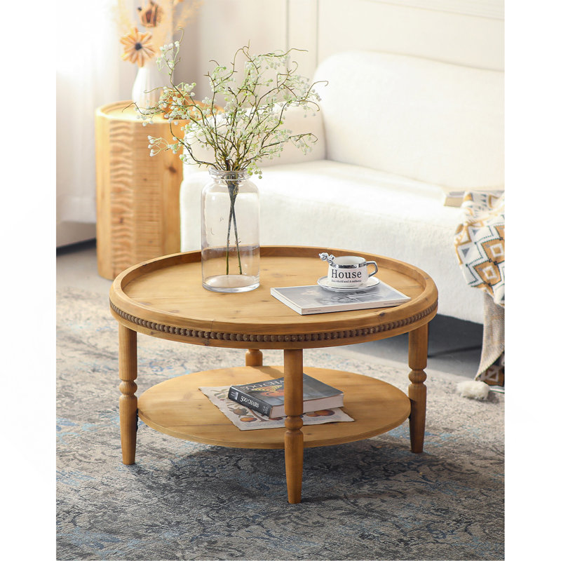Jack 31.3" Round Coffee Table with Storage Shelf  & Solid Wood Legs