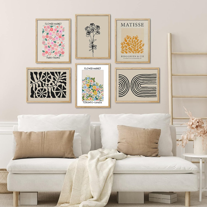 Henri Matisse Mid-Century Modern Shape Flower Market Pictures Framed Wall Art 6 Pieces Paper Print, Natural Framed