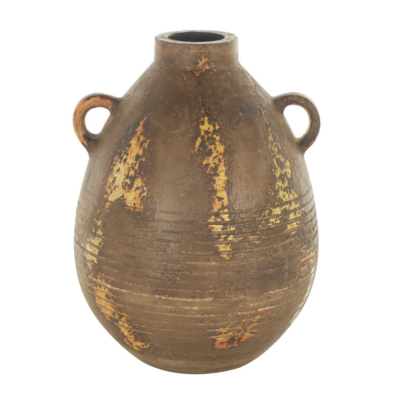 Anelis Ceramic Antique Style Distressed Decorative Brown Vase with Grooves and Handles