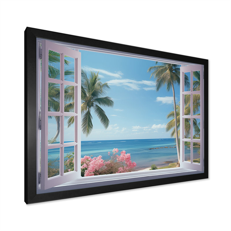 Vue sur l'océan tropical à travers une fenêtre blanche ouverte - art mural sur toile côtière, H 16 po x l 32 po x P 1 po