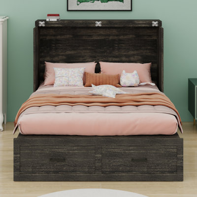 Wall Hideaway Platform Bed With Charging Station And  Large Storage Drawer