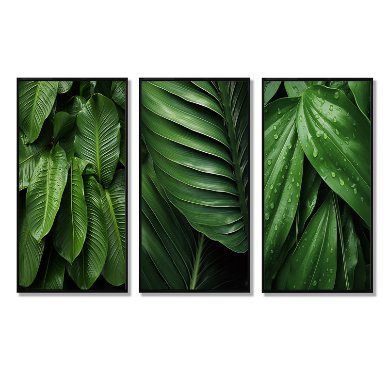 «Emerald Exotic Embrace Palmscape», ensemble de 4 impressions sur palmiers et palmiers, Cadre flottant noir
