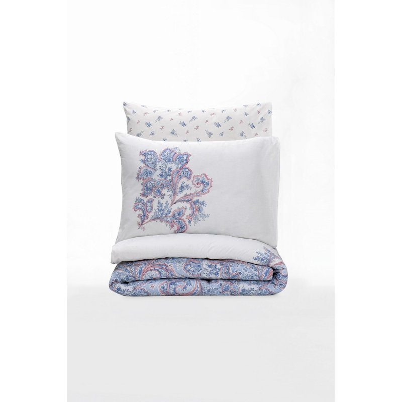 Ensemble de housse de courtepointe 100% coton Ranforce, blanc, bleu et orange, 78,7 po x 78,7 po | Comprend 2 taies d'oreiller (31,5 po x 31,5 po) | Impression de pigments, lavable à la machine, fermeture à boutons, conception douce et durable