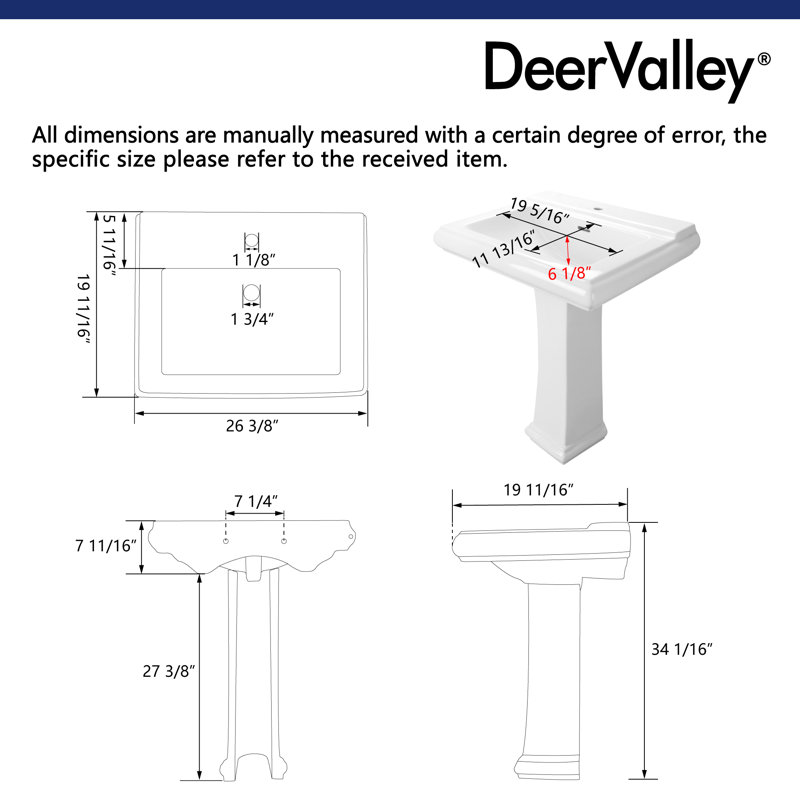Apex 34" Tall Rectangular Vitreous China Pedestal Bathroom Sink with Overflow, Single Hole Faucet, White