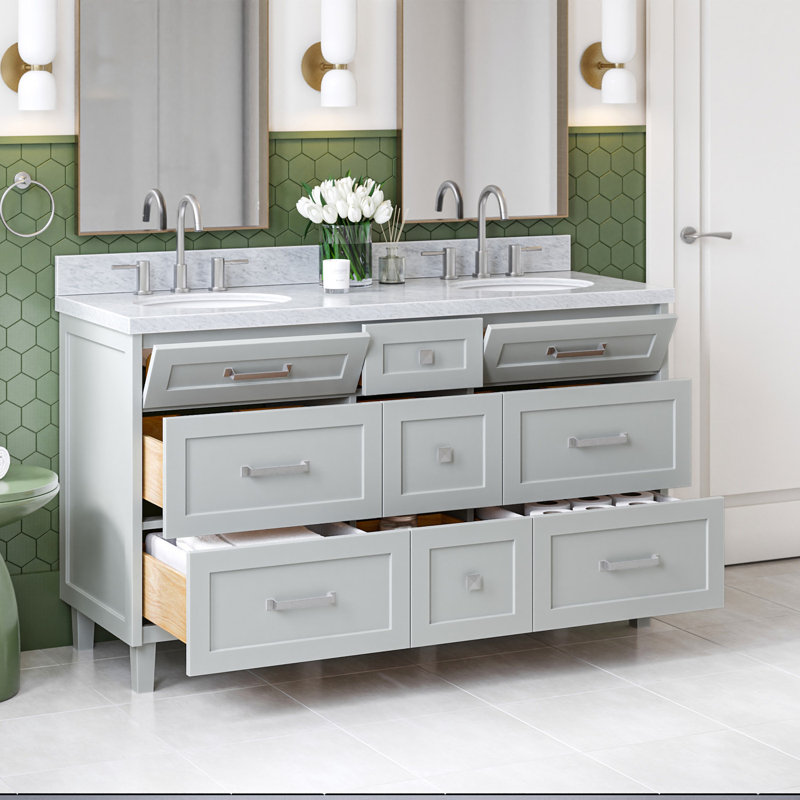 Meuble-lavabo double en bois massif gris ARIEL, Gris, 60" - 61", Italian Carrara Marble