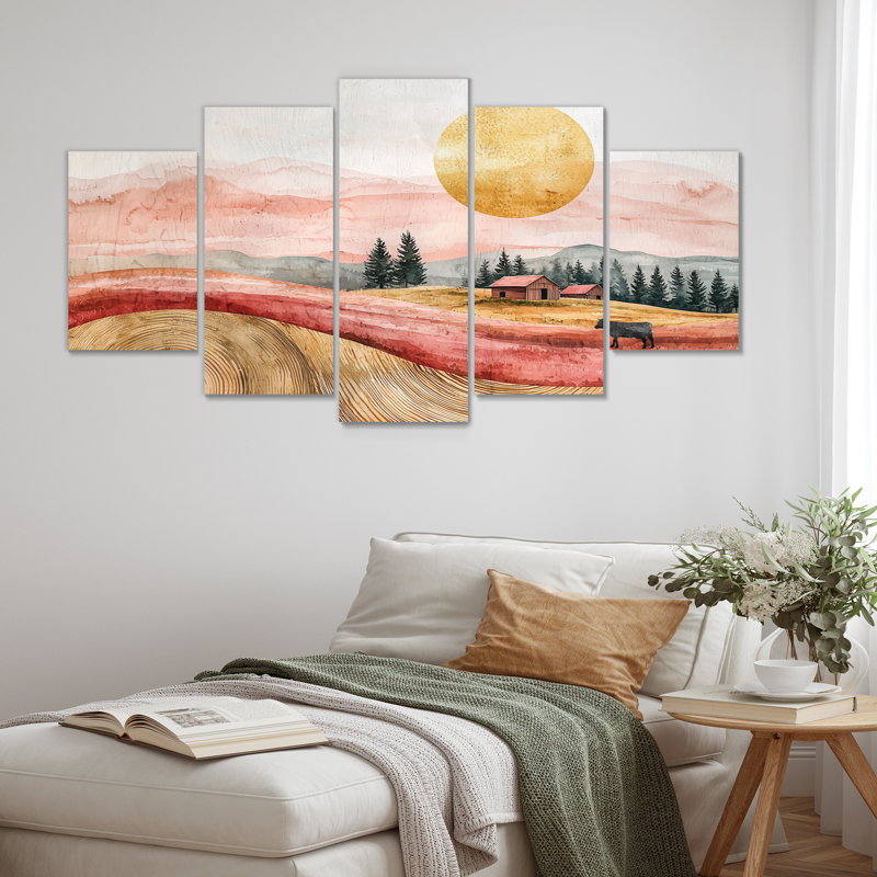 Rose, grange avec champ de vaches II - Art mural animal de vache - art mural moderne pour le salon