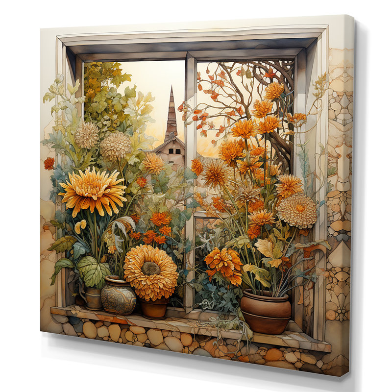«Yellow and Green Flower Farm Window II - Floral Window», art mural, Toile tendue, H 36 po x l 36 po