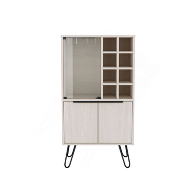 Aster 23" Wide Double Door Bar Cabinet And Glass Door Comparment, Eight Bottle Cubbies And Stemware