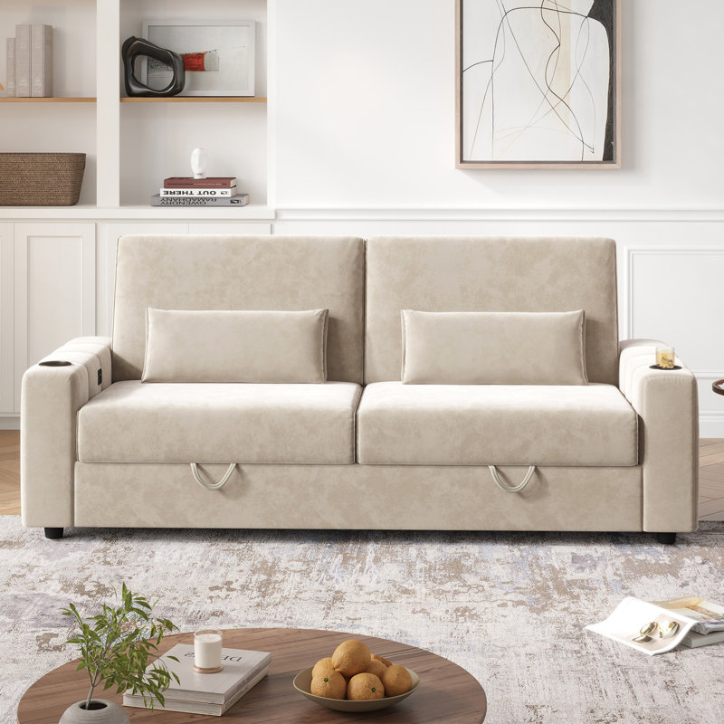 88" Velvet Square Arm Sofa with Storage, Deep Seat Sofa with USB Charging Ports & Cup Holders, Beige