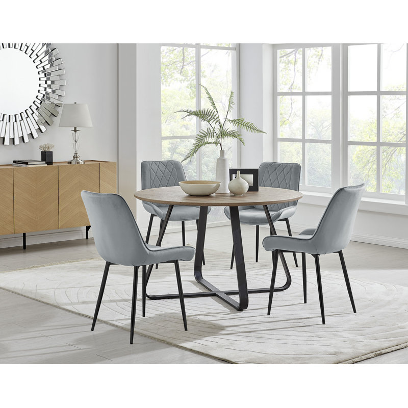 Venedocia Round Wood Effect Dining Table & 4 Luxury Velvet Dining Chairs, Grey/Black
