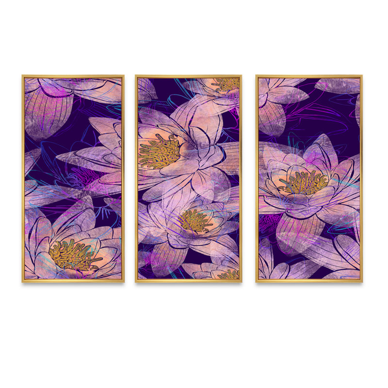 Fleurs de lotus fuchsia sur mauve - ensemble d'art mural sur toile traditionnel encadré de 3, H 32 po x l 48 po x P 1 po