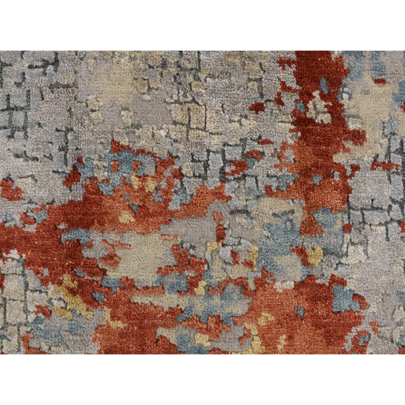 Tapis carré noué à la main gris, laine et soie 3 pi x 3 pi x 3 pi