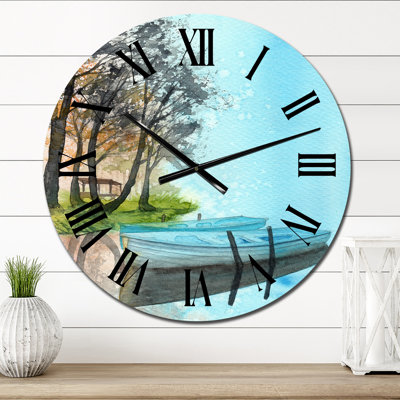 Deux bateaux de pêche bleus près de la côte verte avec des arbres - horloge murale nautique et côtière