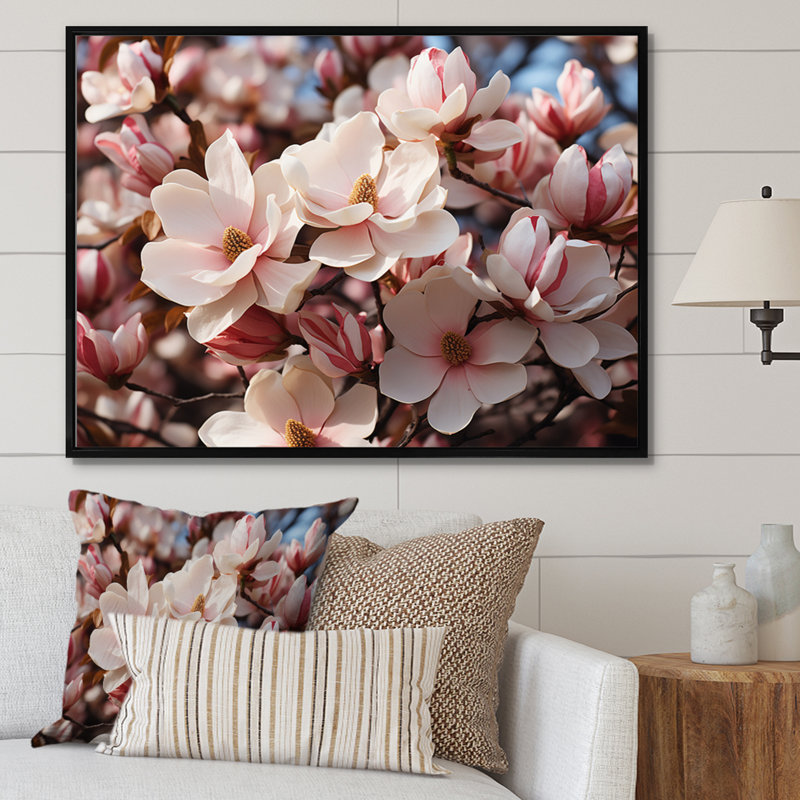 «White Pink Magnolias Field Vibrant I», reproduction d'art sur toile, H 34 po x l 44 po, Cadre flottant noir