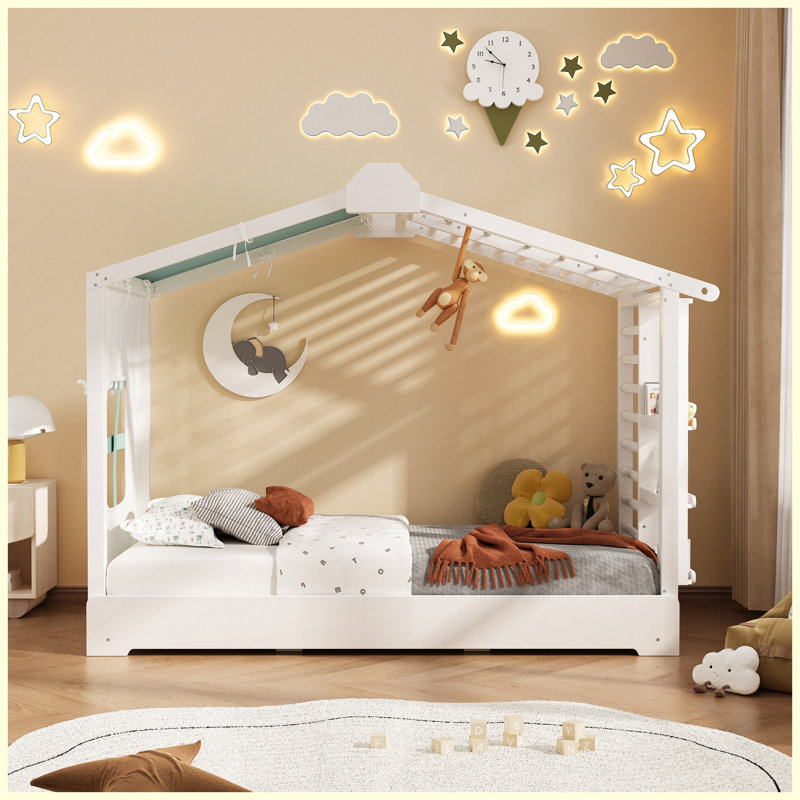 Lit simple simple avec lit gigogne simple et tablettes de rangement latérales, blanc