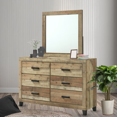 Biloxi Dresser with Mirror in Antique Natural Wood Finish – 6-Drawer Storage with English Dovetail Construction for Modern Bedrooms