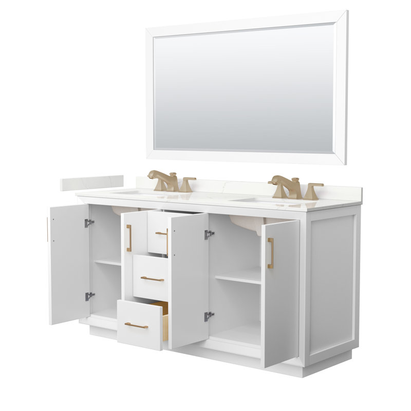 Strada 66'' W Double Vanity, Giotto Quartz, White, Brushed Nickel