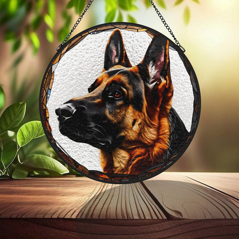 Chien de berger allemand en vitrail, panneaux en verre coloré pour décoration de fenêtre, 9,8 x 9,8 po (25 x 25 cm)