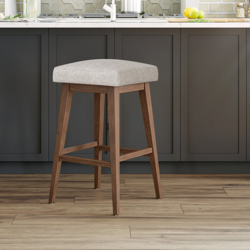 Dorreen Wood And Upholstered Square Backless Adjustable Height Swivel Stool, Oatmeal, Medium Brown