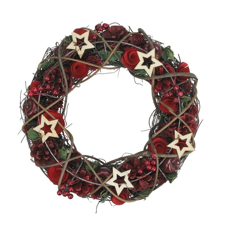 Couronne de Noël artificielle avec pommes et baies avec étoiles, H 13 po x l 13 po x P 3 po