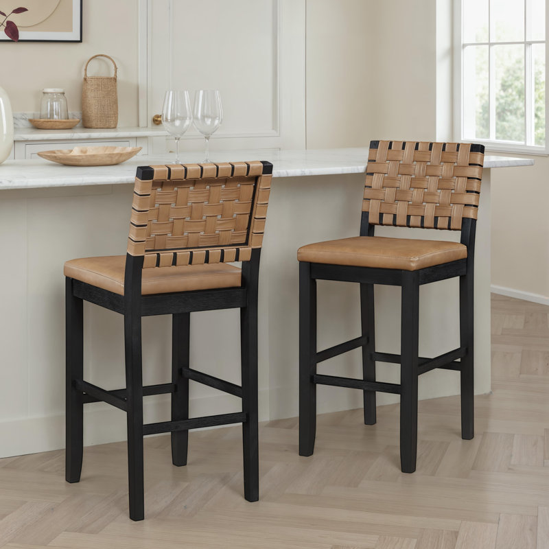 Reid Vegan Leather Bar Chair, Saddle Brown Seat/ Black Frame, Bar Stool (30" Seat Height)
