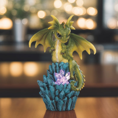 Figurine dragon vert sur roches 7,25 "H