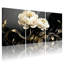 Pivoine, fleurs blanches, feuilles d'or, fond noir, ensemble de 3 impressions sur toile-1011496856