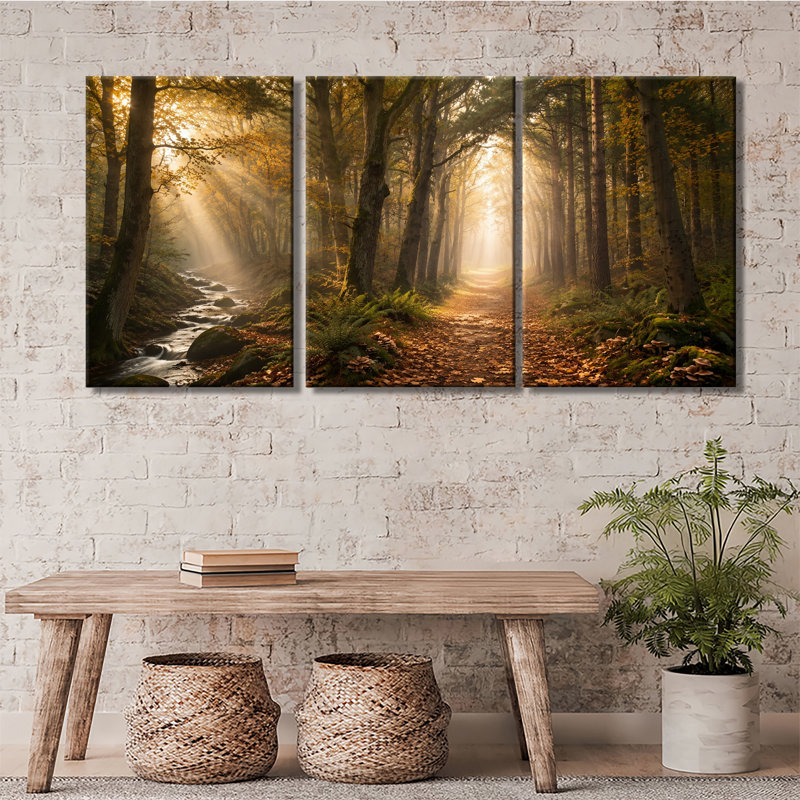 «Autumn Forest Path Stream Sunbeam Moss Mushroom Landscape», impression sur toile tendue 3 pièces (1)