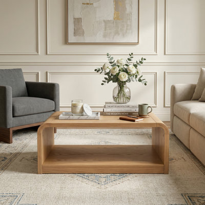 Modern Curved Edge 47.24" Wide Natural MDF Coffee Table with Open Storage Shelf
