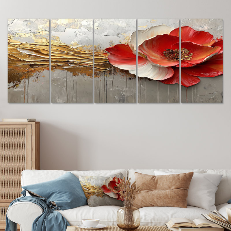 Pivoines dorées rouges sur l'horizon de marbre II - pivoines, art mural - décoration murale traditionnelle, H 32 po x l 80 po