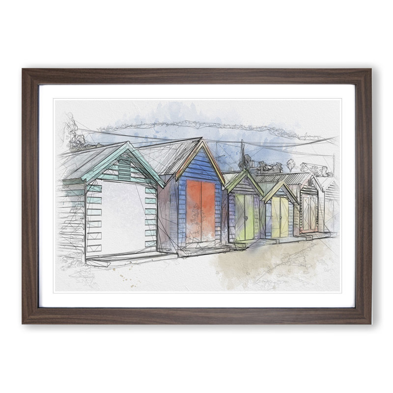 Colourful Beach Huts - Picture Frame Painting, Walnut, 27cm H x 36cm W x 2cm D