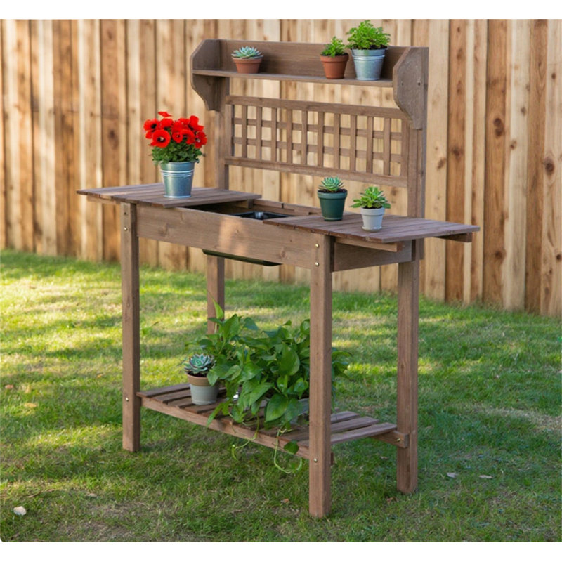 Table de rempotage d'extérieur, poste de travail en bois, tablette de rangement et lavabo sec, Brun
