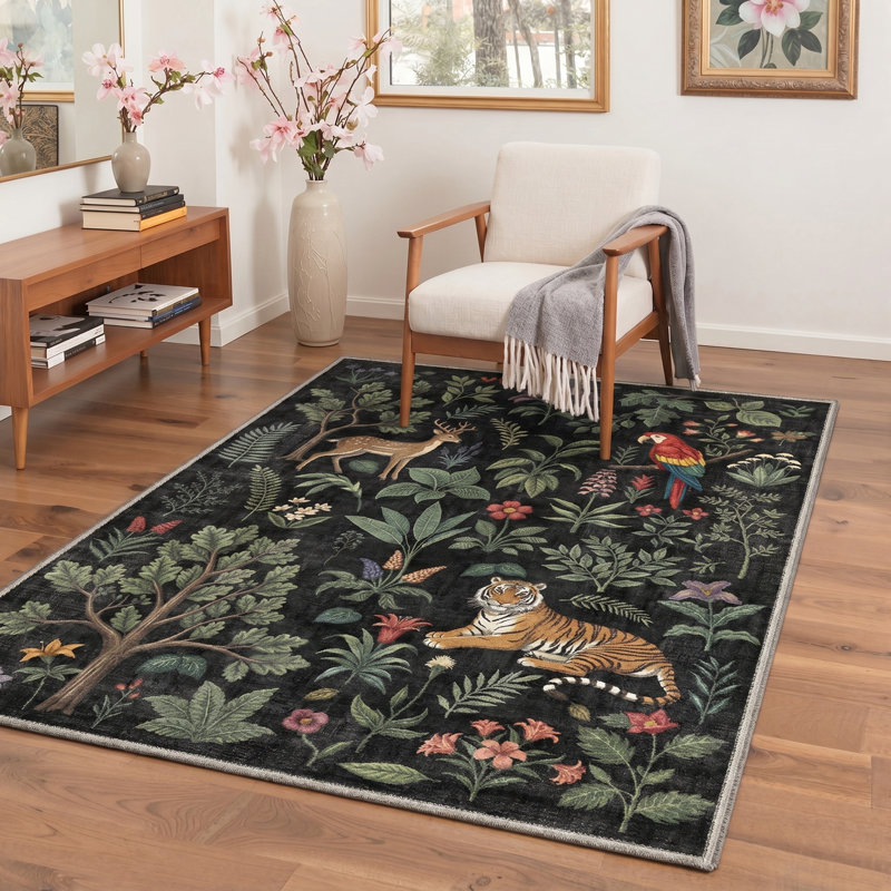Woodhaven Rustic Machine Washable Black / Green Indoor Area Rug with Non-Slip Backing, Rectangle 5' x 7'