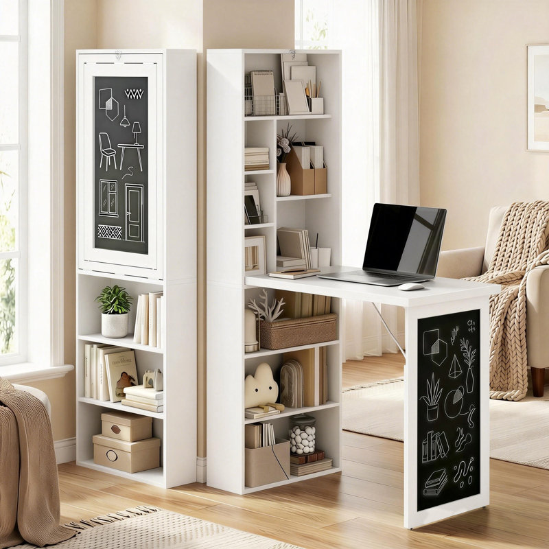 Bureau flottant, bureau convertible pliable, bureau d'ordinateur mural avec tableau noir et tablette latérale