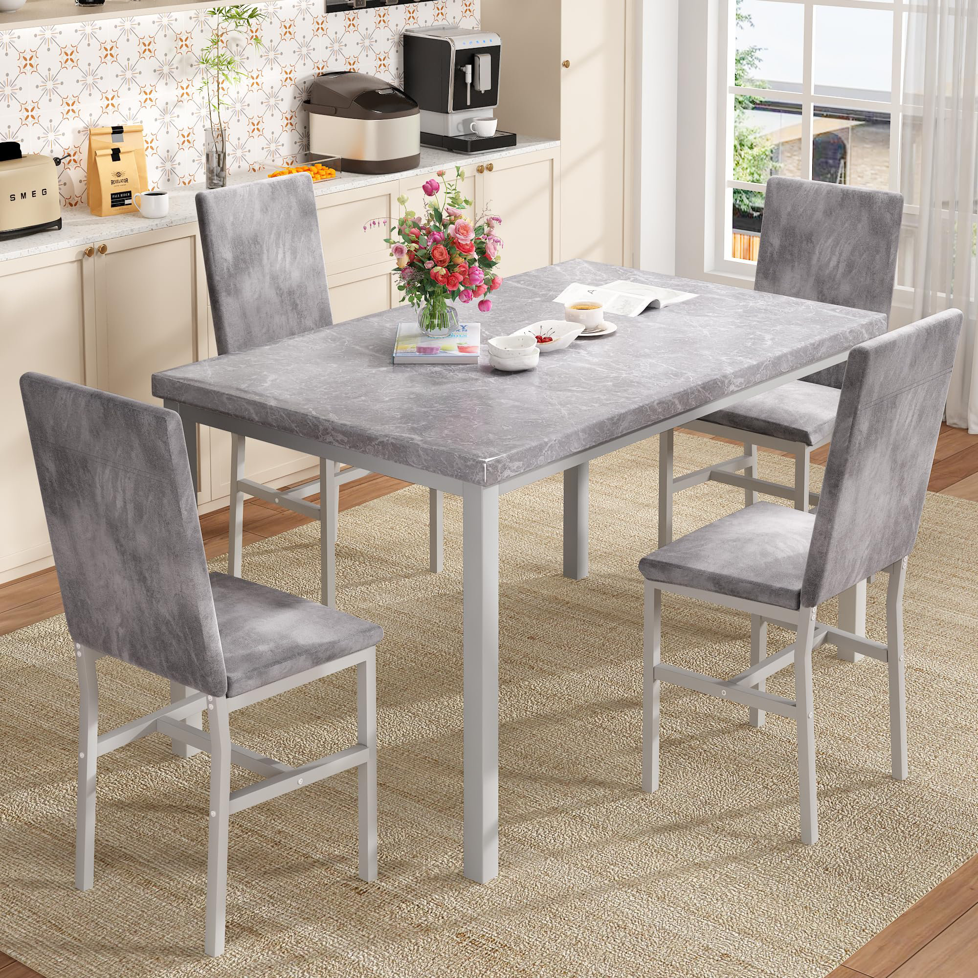 Wrought Studio™ Grey Faux Marble Dining Table Set for Velvet