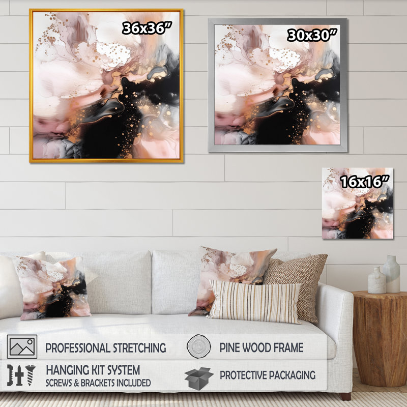 Texture or rose Splash Marble II - art abstrait marbre, salon, Cadre photo noir, H 16 po x l 16 po x P 1 po