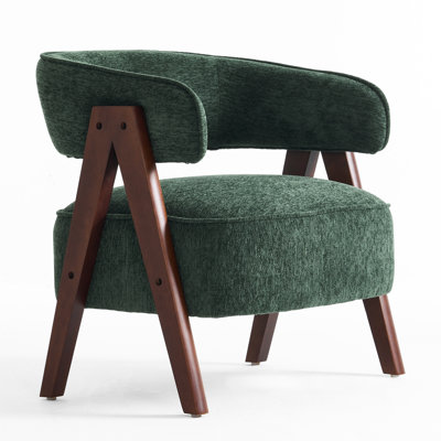25"W Extra Wide Armchair With Wood Legs, Boucle Fabric Upholstered Accent Chair With Wingback, Mid-Century Modern Barrel Chair With Curved Arms, Thick Cushion For Living Room Bedroom Cafe, Green