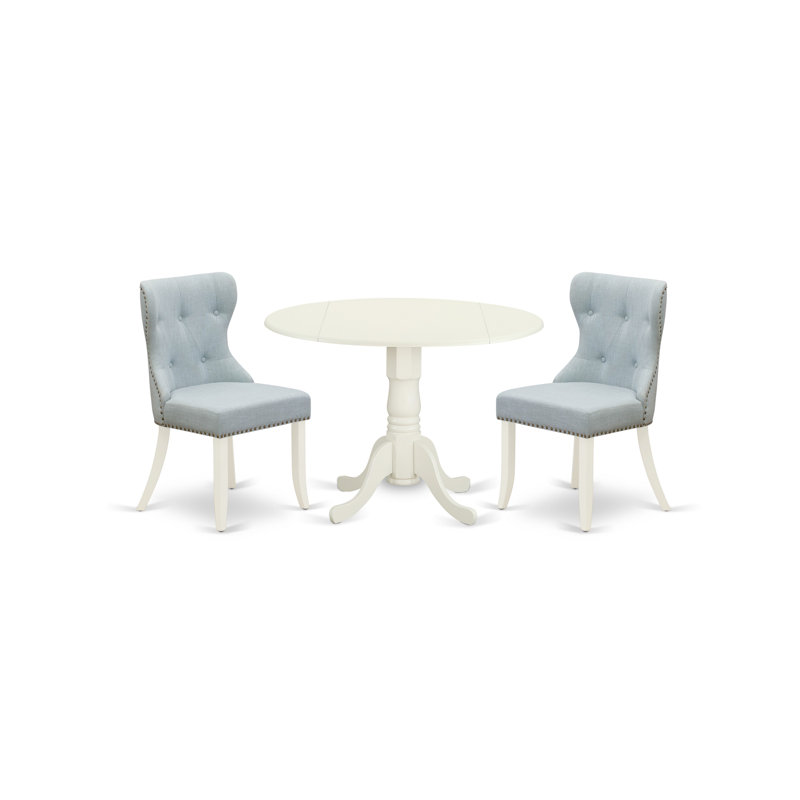 3 Piece Dining Room Furniture Set Contains a Round Dining Table with Dropleaf and 2 Baby Blue Linen Fabric Upholstered Chairs, 42x42 Inch, Linen White