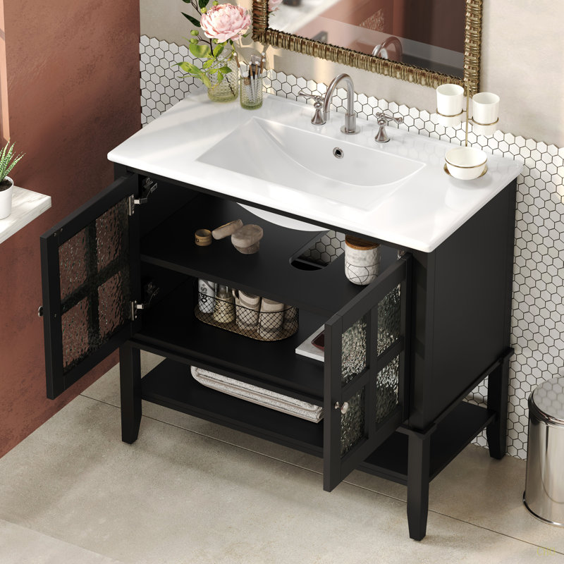 Meuble-lavabo 36 po avec lavabo en céramique, Noir
