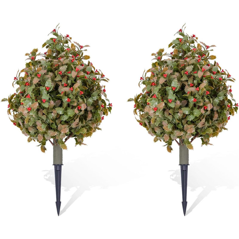 23.6" Artificial Topiary Trees Set of 2, Topiary Trees with Metal Ground Spike for Winter and Fall,Christmas Topiary Tree Outdoor Front Porch Garden