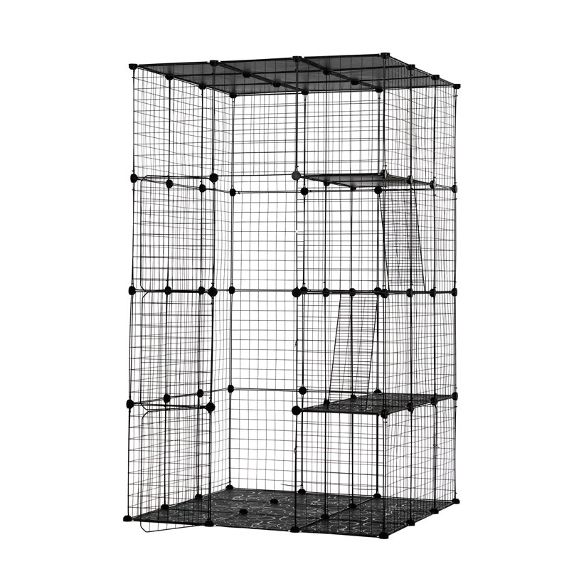 Cage pour chat à 3 fils avec 4 portes, 3 échelles et plateformes de rampe, grand parc de chenil avec 4 échelles de plateforme noires, parc pour chat polyvalent,
