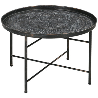 24" Round Coffee Table with Hammered Tray Top & Metal Frame, Pewter by Dakota Fields