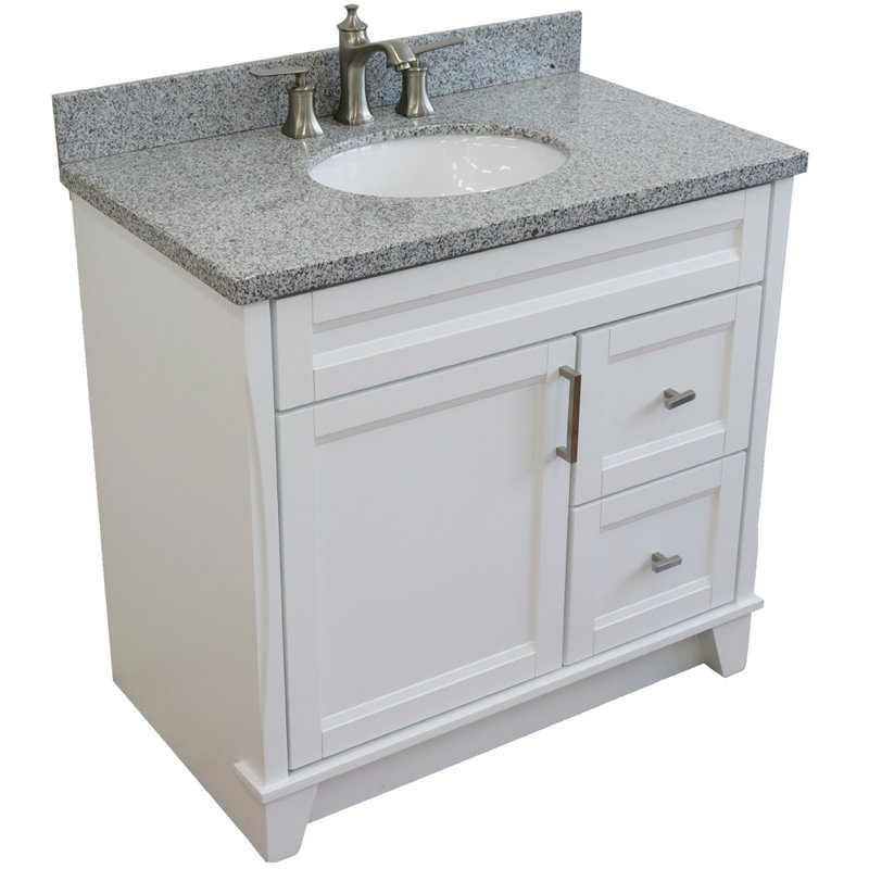 Amedea 37'' Single Bathroom Vanity with Top, White, Gray Granite