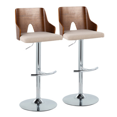 Ariana Mid-Century Modern Adjustable Barstool Stool With Swivel In Chrome Metal, Walnut Wood And Beige Fabric With Rounded "T" Footrest By Lumisource - Set Of 2